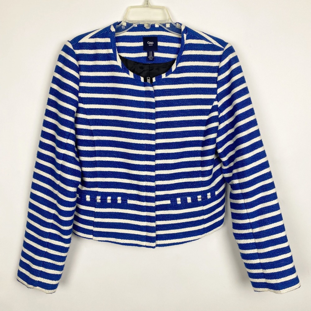 Gap Swing BB Striped Asymmetrical Zip Tweed Textured Jacket Womens 10 Blue White